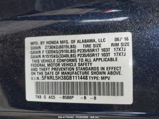 5FNRL5H38GB111448 Honda ODYSSEY SE