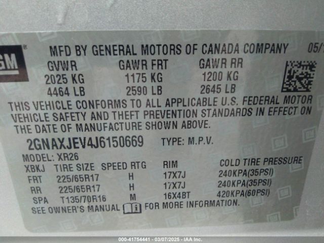 2GNAXJEV4J6150669 Chevrolet EQUINOX LT