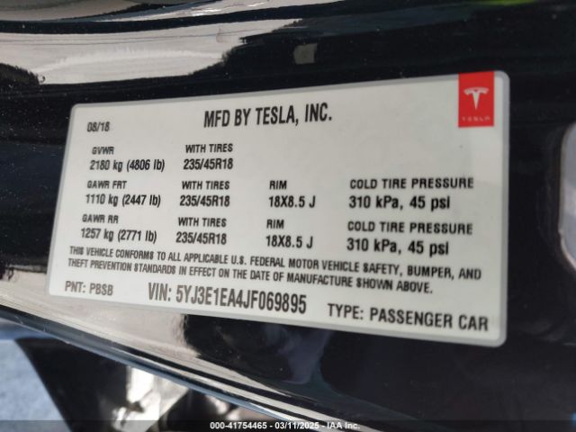 5YJ3E1EA4JF069895 Tesla Model 3 Long Range/mid Range