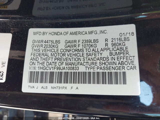 Honda Accord Touring 2018 1HGCV1F99JA100833 Image 9