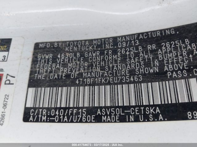4T1BF1FK7EU735463 Toyota CAMRY SE