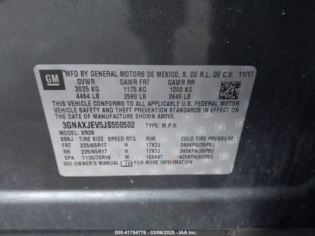 3GNAXJEV5JS550502 Chevrolet lyx - direct injection, vvt, fgt, turbo, alum, gen1