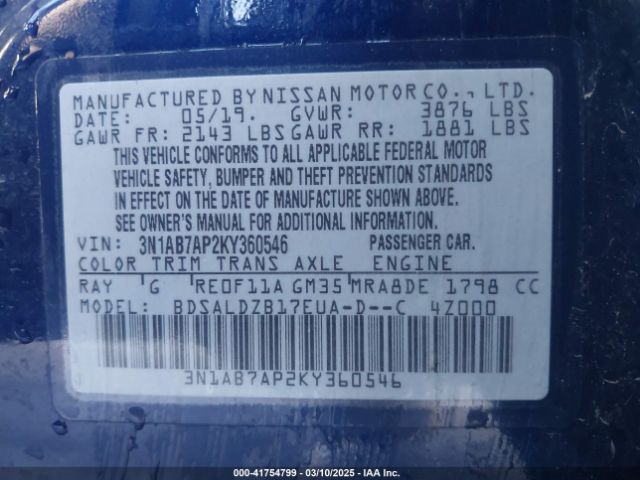 3N1AB7AP2KY360546 Nissan SENTRA SV