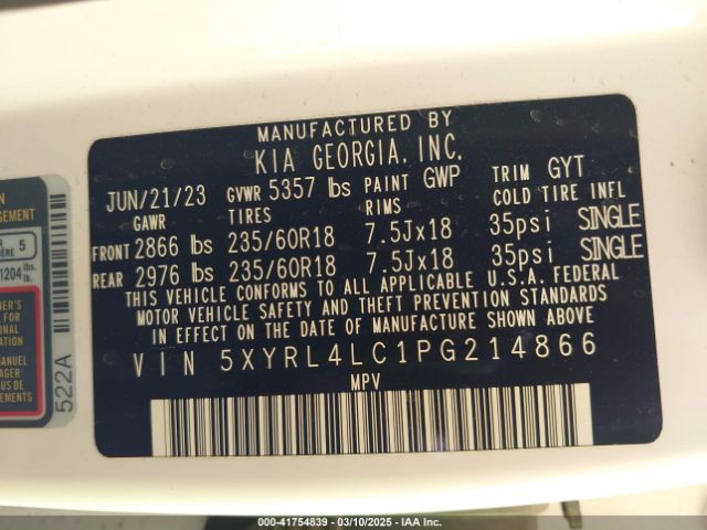 5XYRL4LC1PG214866 KIA SORENTO S