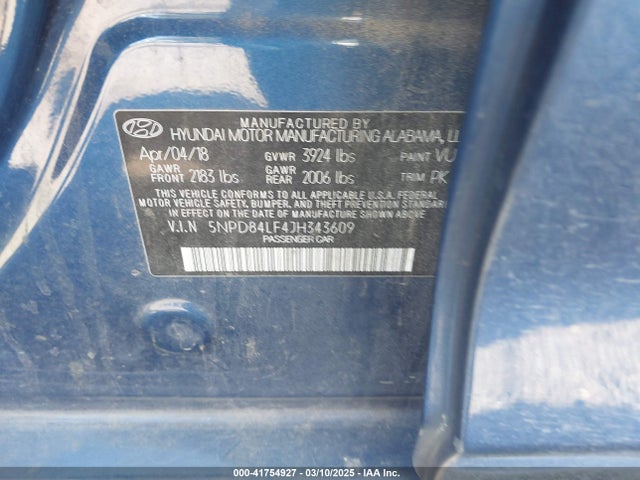 5NPD84LF4JH343609 Hyundai ELANTRA SEL