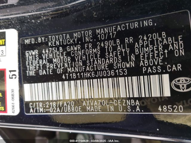 2018 TOYOTA CAMRY 4T1B11HK6JU036153 Photo 8