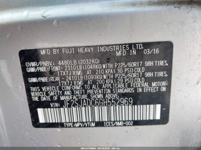 JF2SJADC6GH552969 Subaru naturally aspirated u5