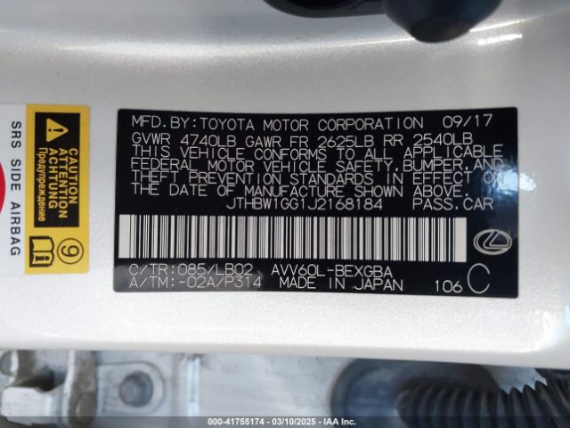 JTHBW1GG1J2168184 Lexus ES 300H