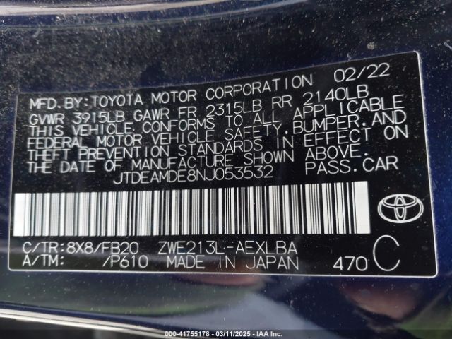 JTDEAMDE8NJ053532 Toyota Corolla Hybrid Le
