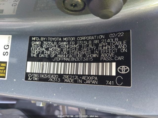 JTDFPMAE8N3013415 Toyota Corolla Xle