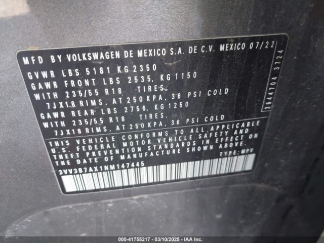 3VV3B7AX1NM147445 Volkswagen Tiguan 2.0t Se