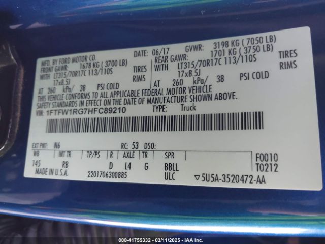 1FTFW1RG7HFC89210 Ford F-150 Raptor