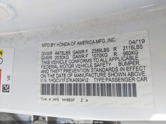1HGCV1F37KA093412 Honda Accord Sport
