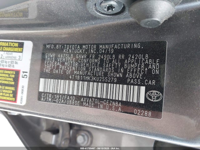 4T1B11HK3KU255279 Toyota CAMRY LE
