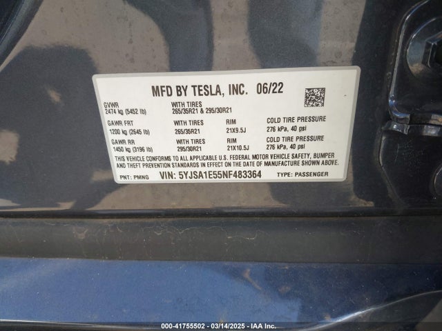 Tesla MODEL S 2022 5YJSA1E55NF483364 Image 9