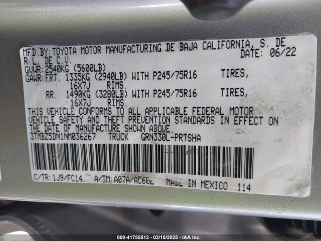 3TMBZ5DN1NM036267 Toyota Tacoma Sr5 V6