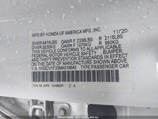 1HGCV1F33MA018645 Honda Accord Sport