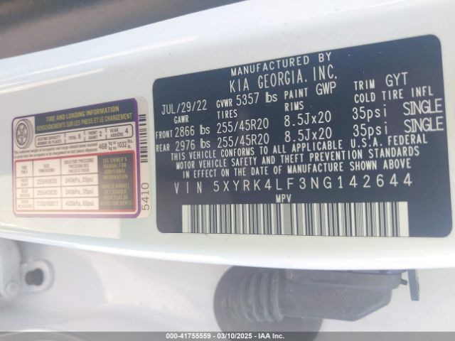 5XYRK4LF3NG142644 KIA SORENTO SX
