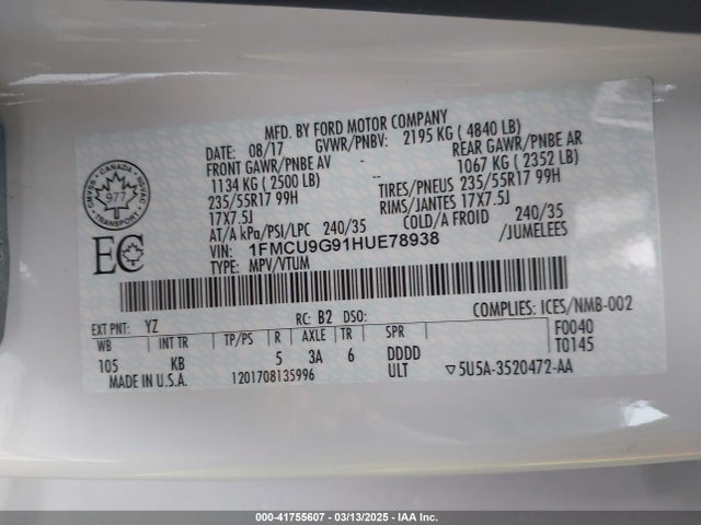 1FMCU9G91HUE78938 Ford ESCAPE SE