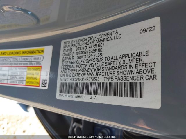 1HGCV1F35NA079593 Honda Accord Sport