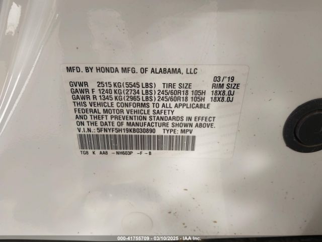 5FNYF5H19KB030890 Honda PILOT LX