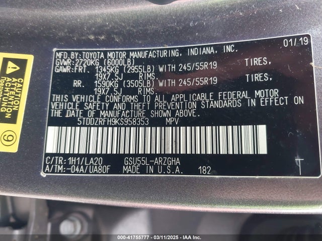5TDDZRFH9KS958353 Toyota 2gr-fks