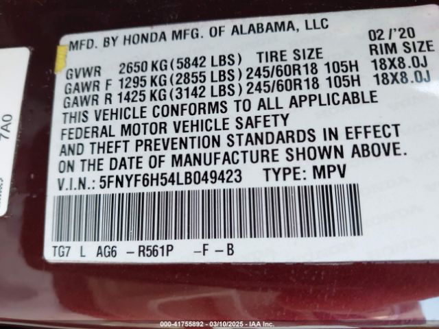 5FNYF6H54LB049423 Honda Pilot Awd Ex-l