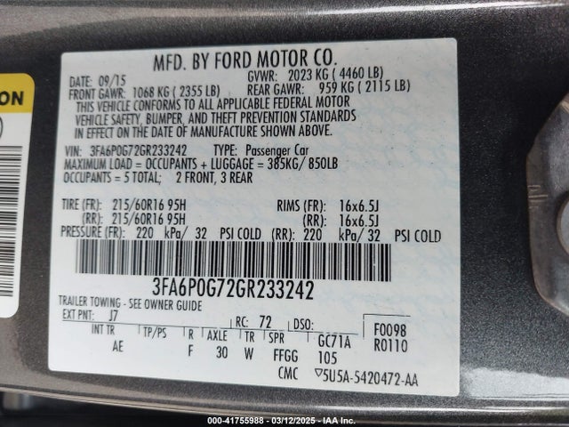 Ford FUSION S 2016 3FA6P0G72GR233242 Image 9
