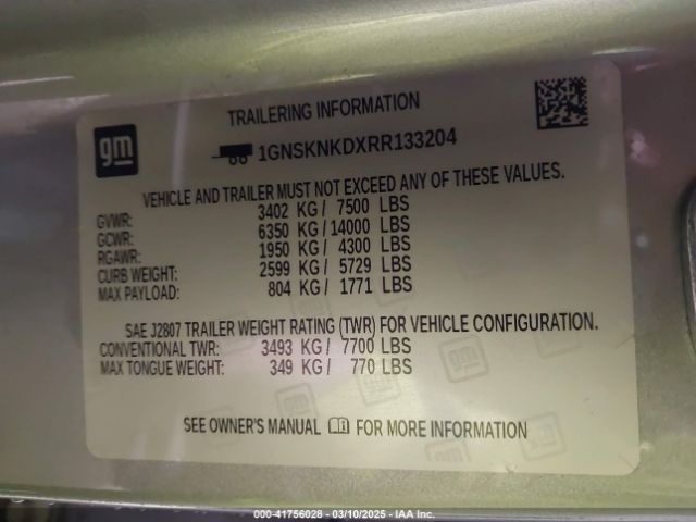 1GNSKNKDXRR133204 Chevrolet Tahoe 4wd Lt