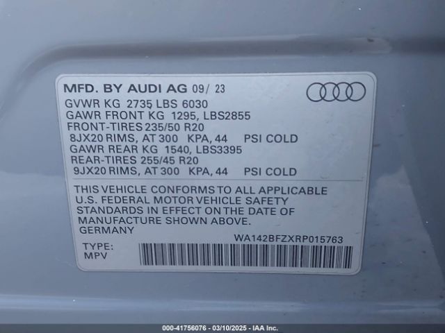 WA142BFZXRP015763 Audi Q4 Sportback E-tron Prestige 50 Quattro