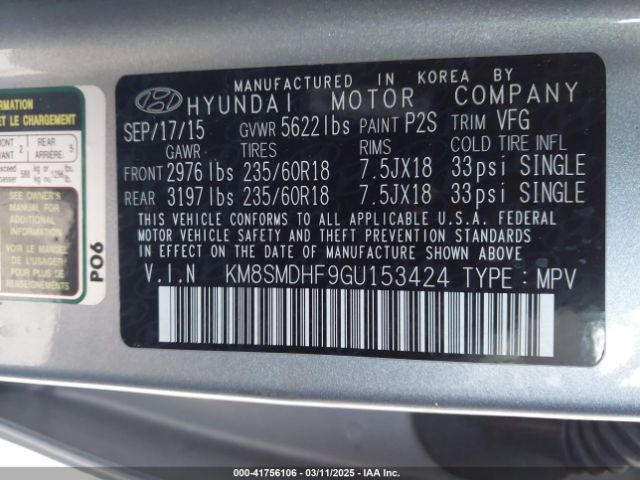 KM8SMDHF9GU153424 Hyundai Santa Fe Se