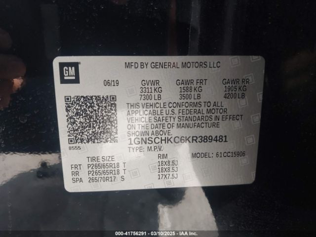 1GNSCHKC6KR389481 Chevrolet l83 - sidi: spark ignited direct injection, vvt: variable valve timing, afm, e85 max, alum