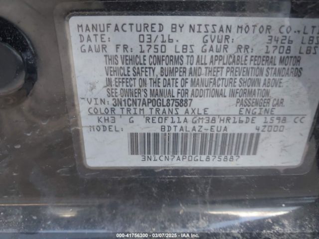 3N1CN7AP0GL875887 Nissan Versa 1.6 S+