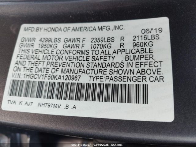 1HGCV1F50KA120967 Honda Accord Ex-l