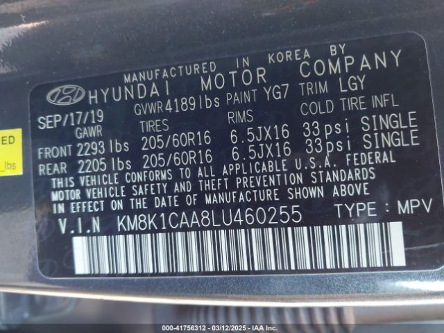 KM8K1CAA8LU460255 Hyundai Kona Se