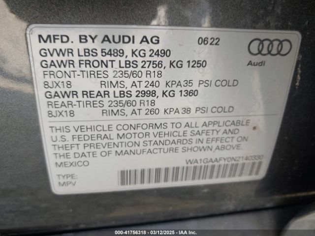 WA1GAAFY0N2140330 Audi Q5 Premium 45 Tfsi S Line Quattro S Tronic