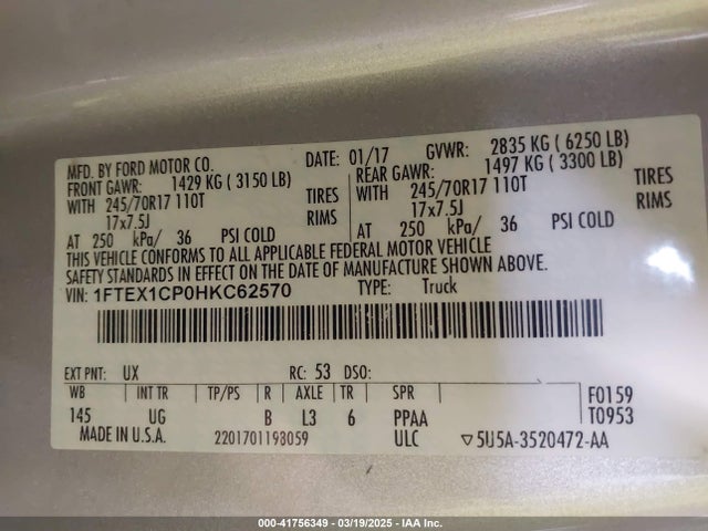 1FTEX1CP0HKC62570 Ford F-150 Xlt