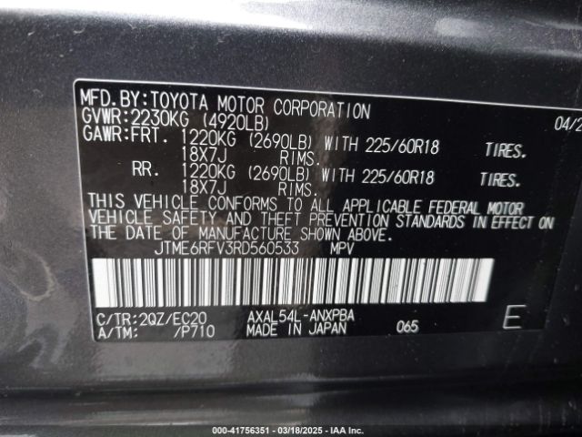 JTME6RFV3RD560533 Toyota Rav4 Hybrid Xse