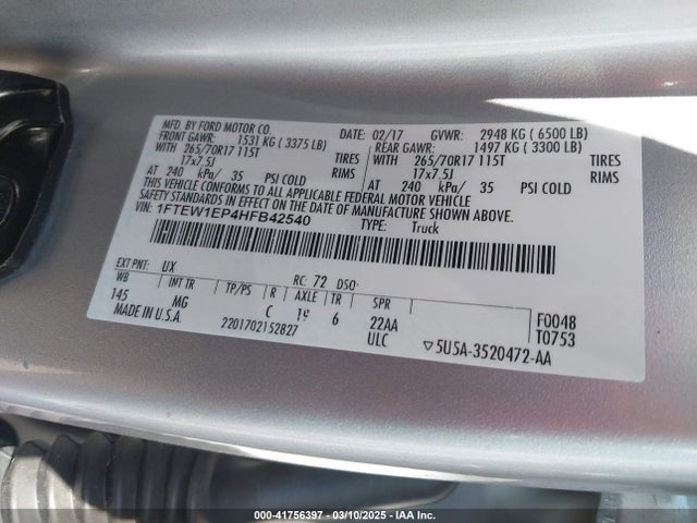 Ford F-150 Xlt 2017 1FTEW1EP4HFB42540 Image 9
