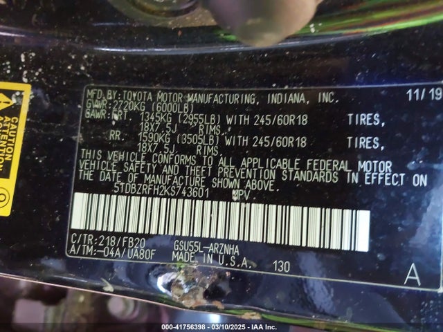 5TDBZRFH2KS743601 Toyota Highlander Le