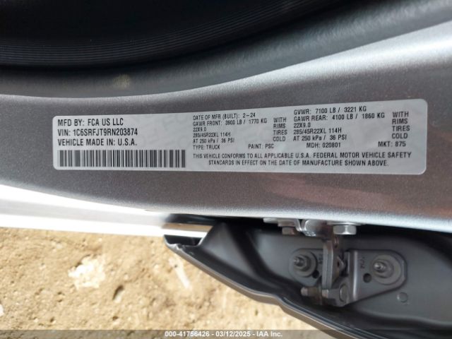 1C6SRFJT9RN203874 RAM 1500 Laramie  4x4 5'7 Box