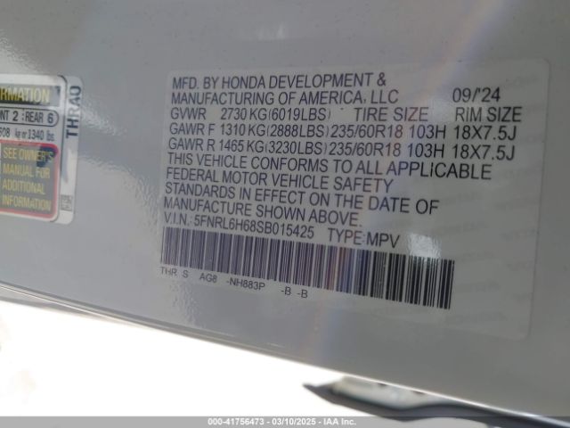 5FNRL6H68SB015425 Honda Odyssey Ex-l