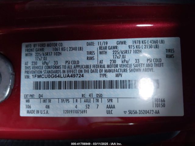 1FMCU0G64LUA49724 Ford ESCAPE SE