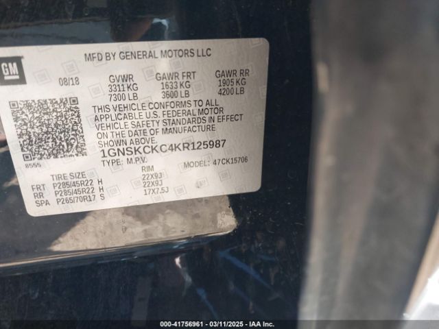 2019 CHEVROLET TAHOE 1GNSKCKC4KR125987 Photo 8