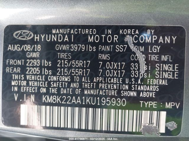 KM8K22AA1KU195930 Hyundai Kona Sel