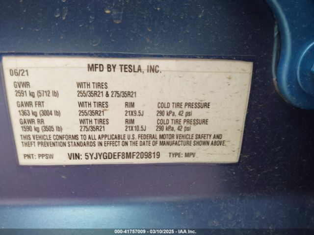 5YJYGDEF8MF209819 Tesla Model Y Performance Dual Motor All-wheel Drive