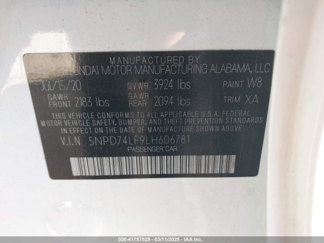 5NPD74LF9LH606781 Hyundai ELANTRA SE
