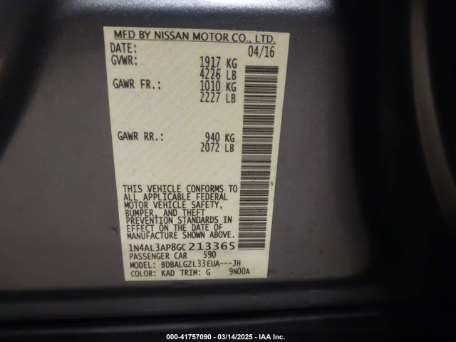 1N4AL3AP8GC213365 Nissan Altima 2.5 S