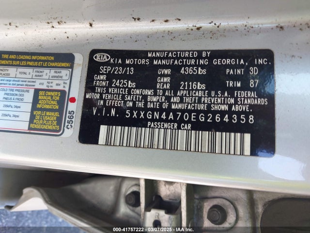 5XXGN4A70EG264358 KIA OPTIMA EX