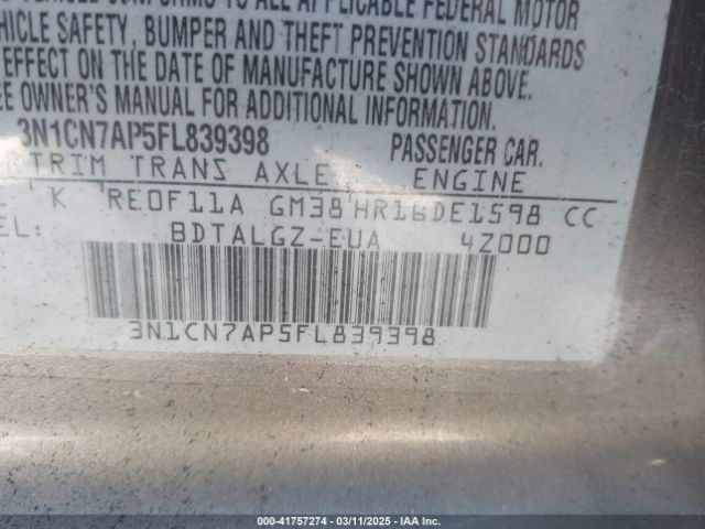 3N1CN7AP5FL839398 Nissan Versa 1.6 Sl